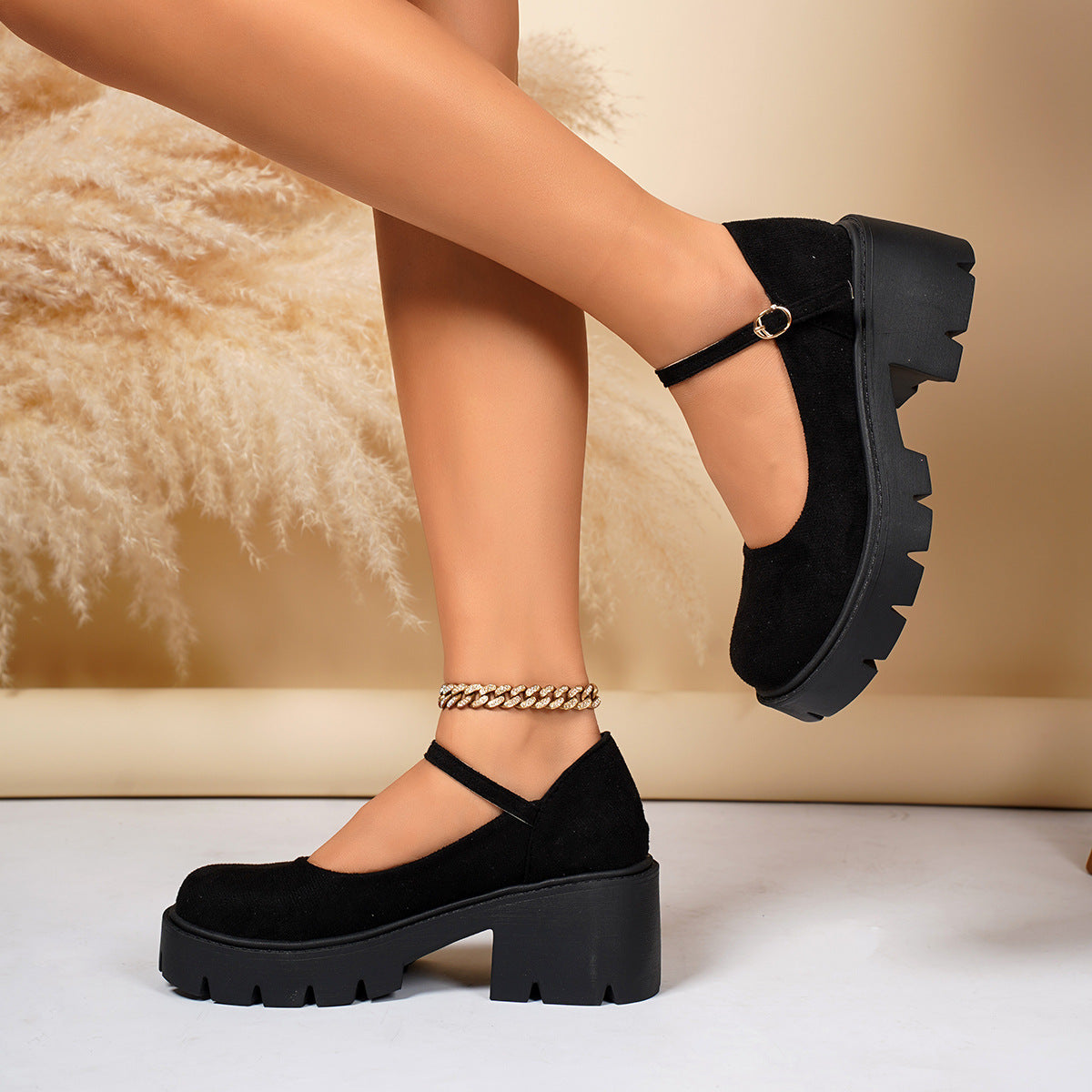 Women's Chunky Platform Mary Jane Shoes – Suede Ankle Strap Block Heel Loafers