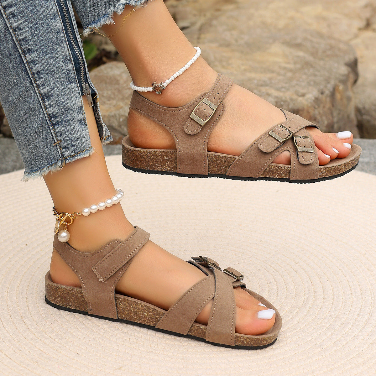 Women's Casual Cork Platform Sandals - Cross Strap Buckle Suede Sandals