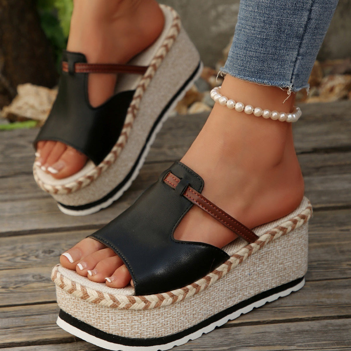 Women's Platform Wedge Espadrille Sandals - 8cm Chunky Peep Toe T-Strap Summer Sandals
