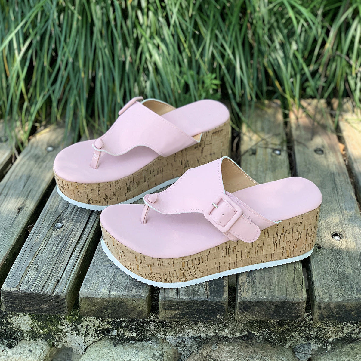 Comfortable Beige Cork Wedge Platform Thong Sandals – Buckle Strap Summer Slides