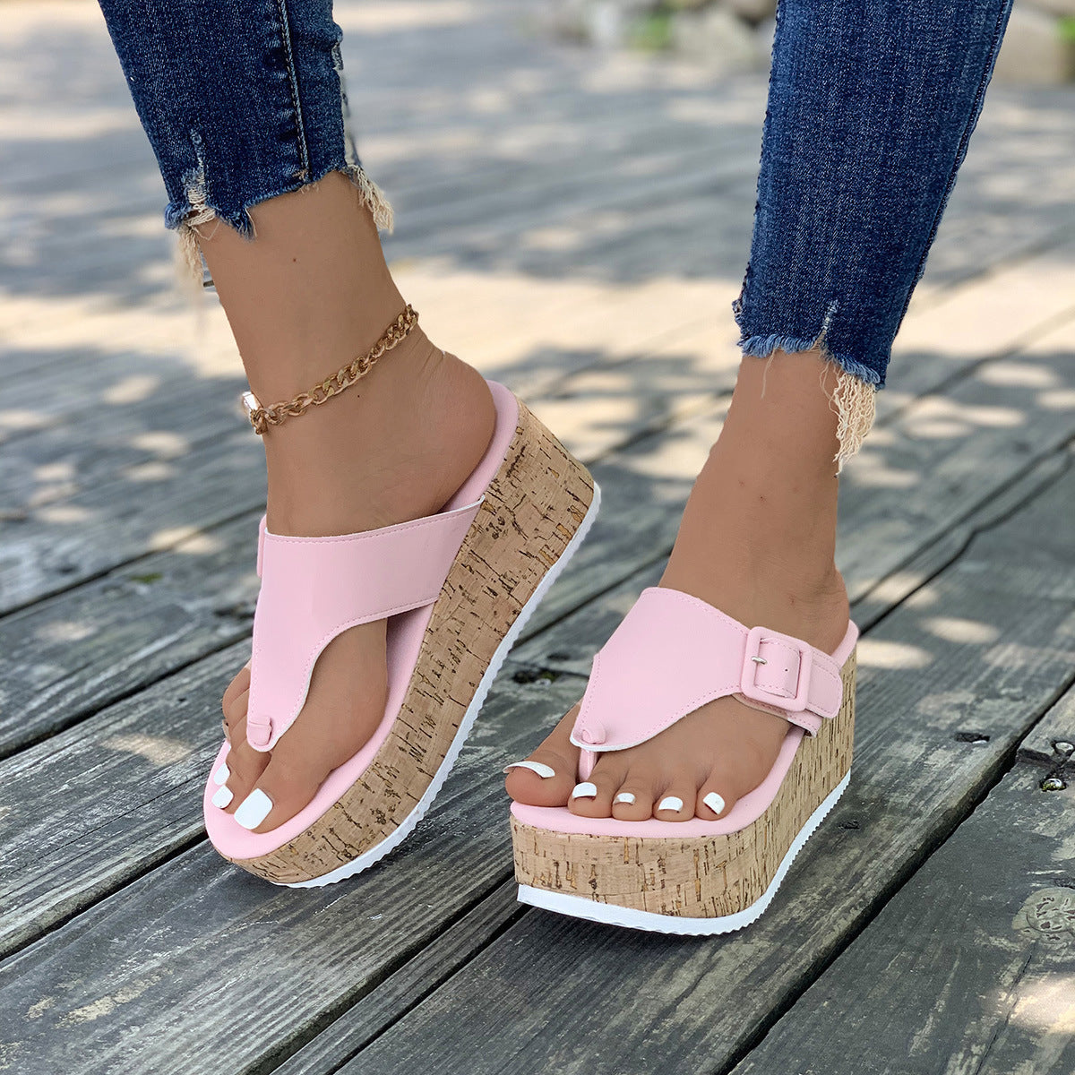 Comfortable Beige Cork Wedge Platform Thong Sandals – Buckle Strap Summer Slides