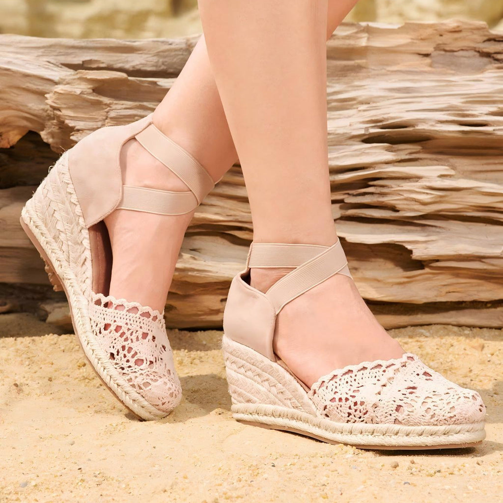 Elegant Beige Crochet Wedge Espadrille Sandals – Ankle Strap Platform Heels