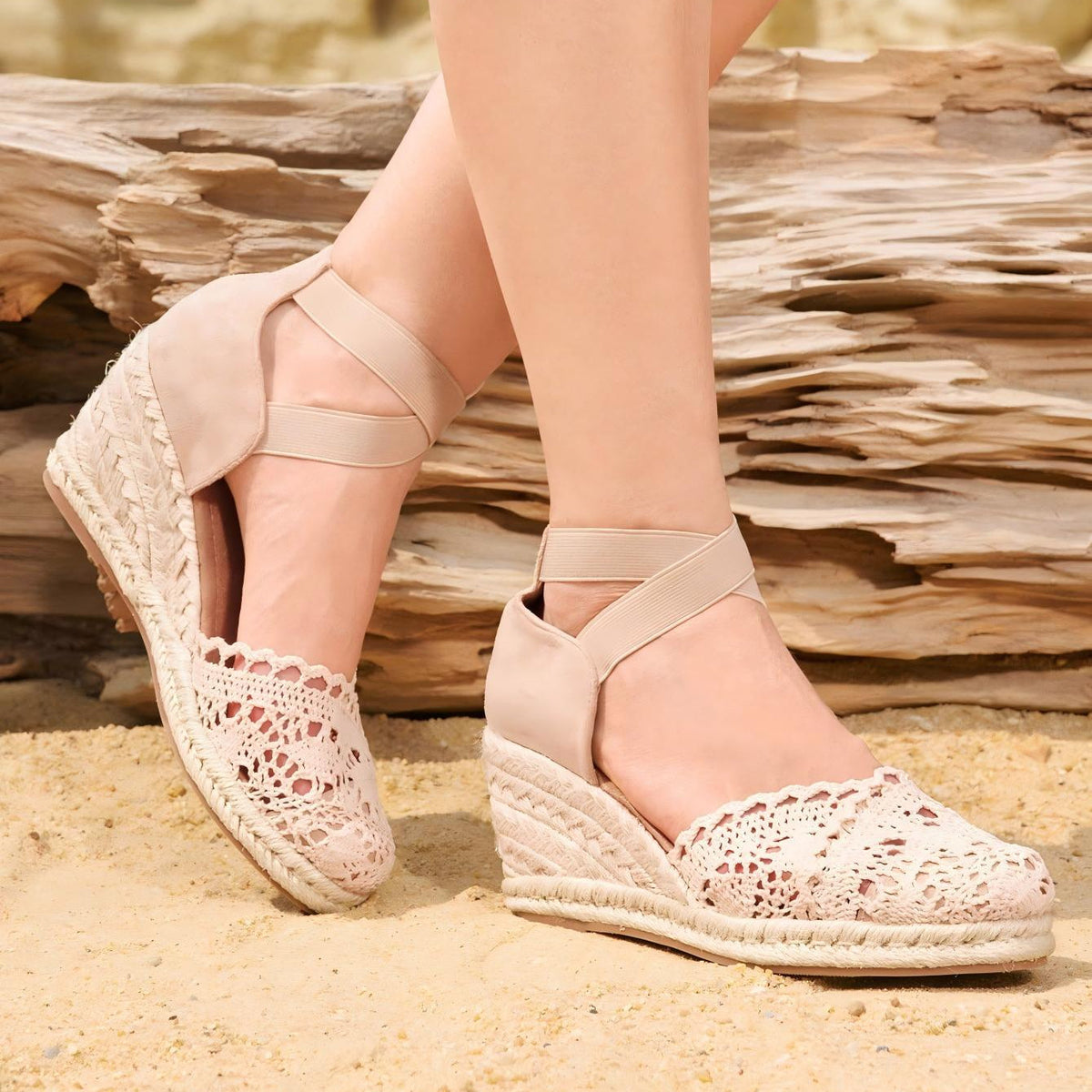 Elegant Beige Crochet Wedge Espadrille Sandals – Ankle Strap Platform Heels