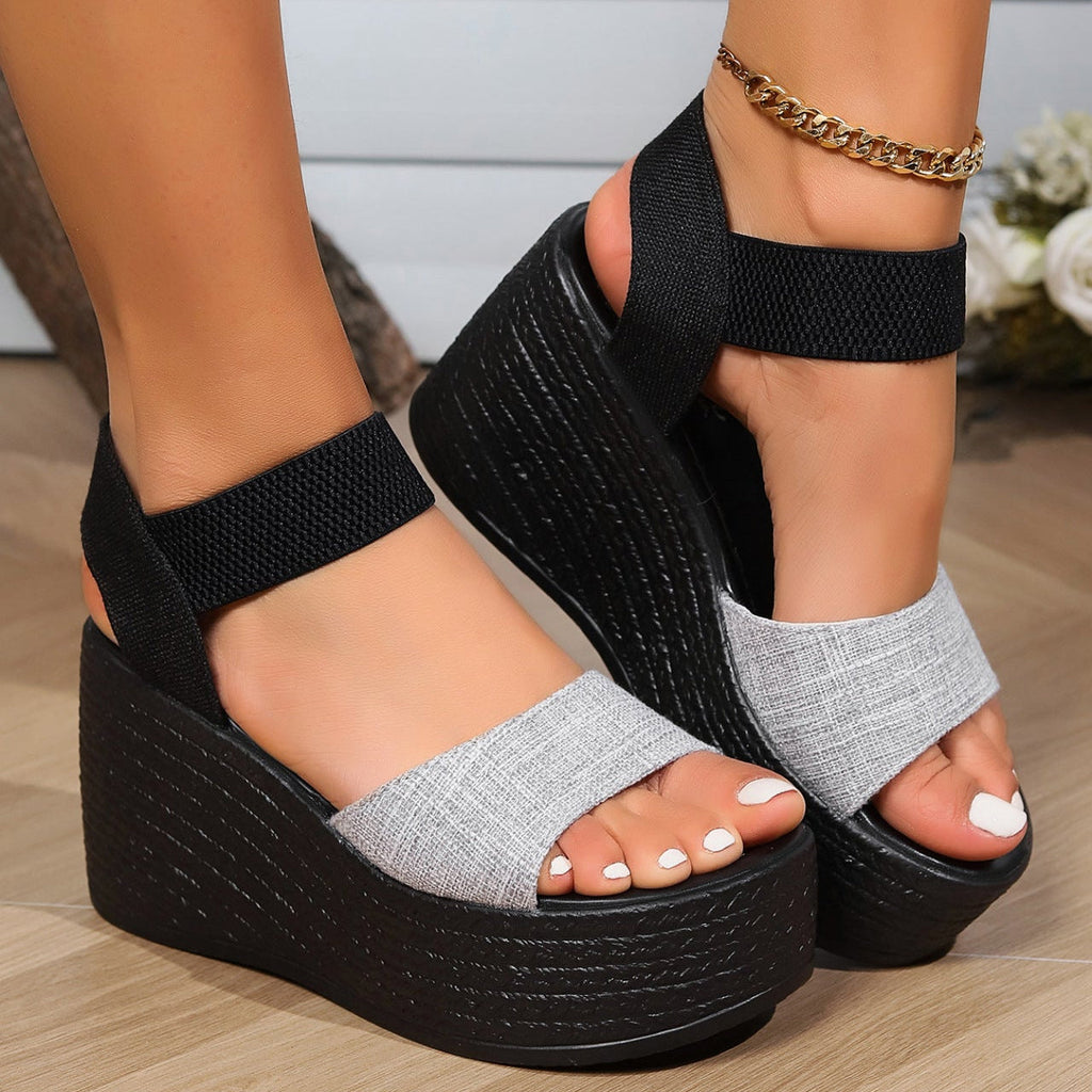 Chic Black Platform Wedge Sandals with Linen Straps - 9cm Wedge Heel