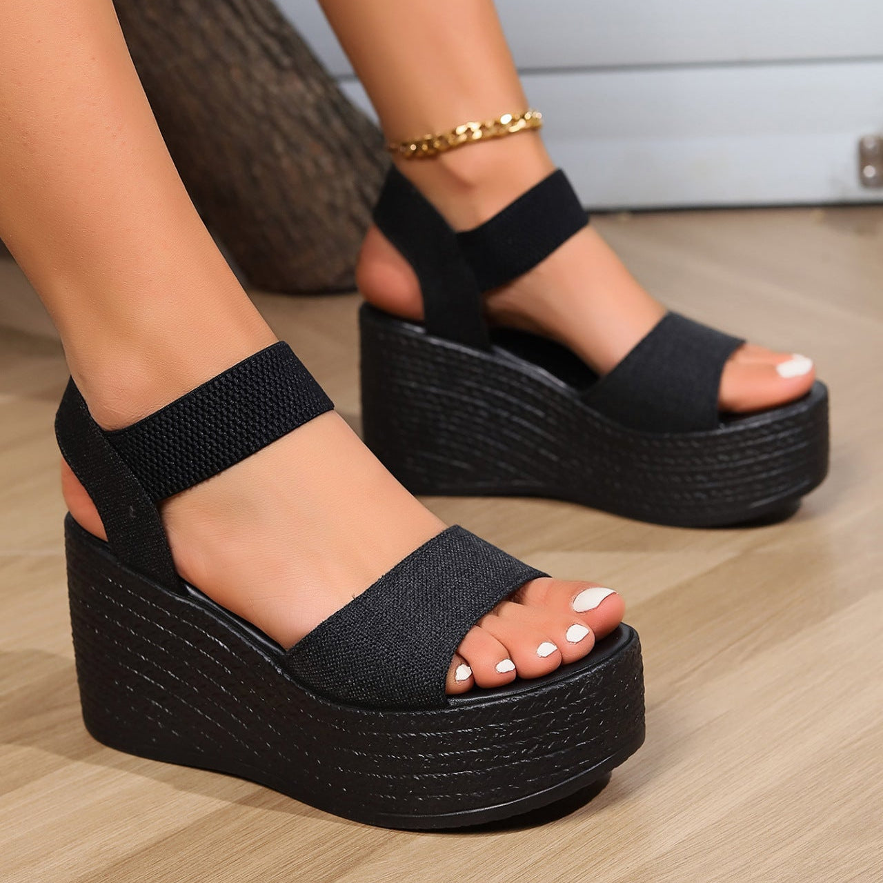 Chic Black Platform Wedge Sandals with Linen Straps - 9cm Wedge Heel