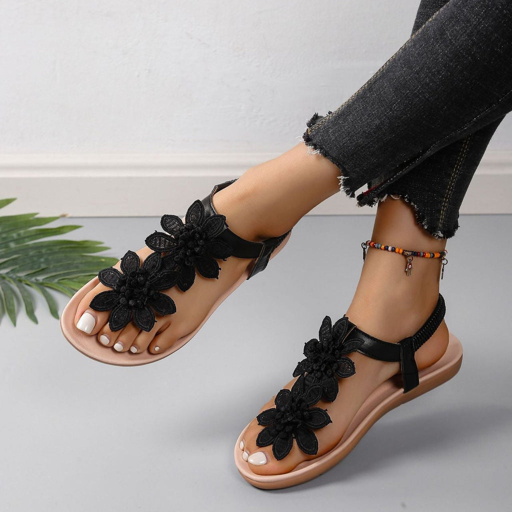 Boho Floral Lace Flat Sandals for Women – Comfortable Summer T-Strap Shoes