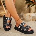 Women's Gothic Platform Buckle Sandals - Chunky Black Slide Sandals with Metal Bat Studs