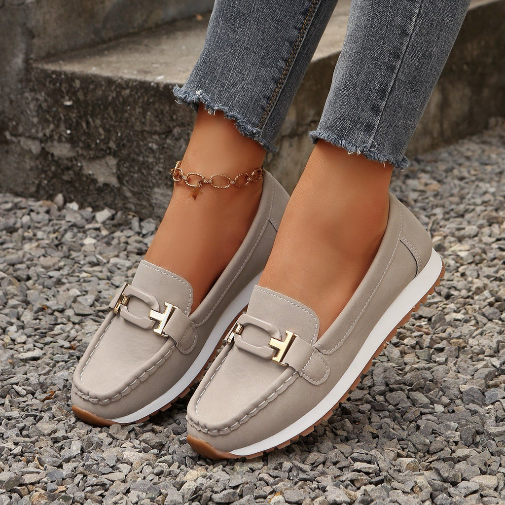 Women's Gold Buckle Suede Loafers – Comfortable Casual Platform Slip-On Shoes