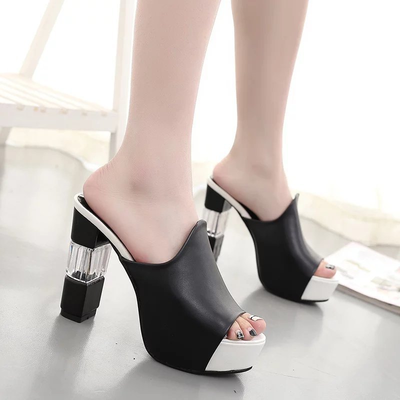 Women's Chunky Platform Peep Toe Mule Sandals - Clear Block Heel Slides
