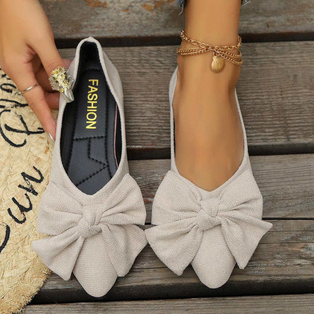 Women's Bow Pointed Toe Flats - Big Bow Suede Ballet Flats Comfortable Slip-On Pumps