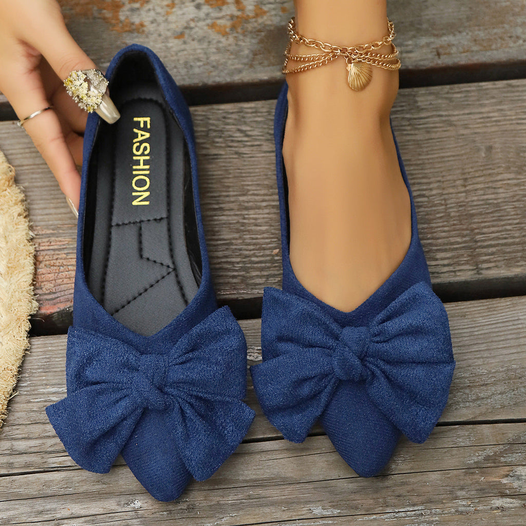 Women's Bow Pointed Toe Flats - Big Bow Suede Ballet Flats Comfortable Slip-On Pumps