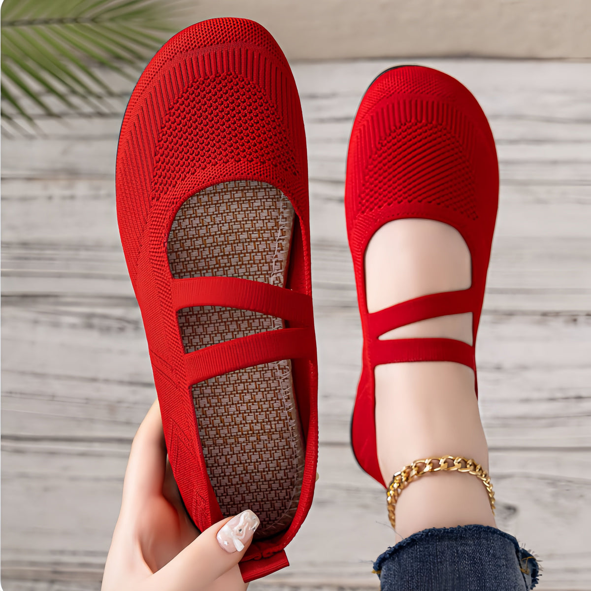 Women's Breathable Knit Mary Jane Flats - Comfortable Double Strap Mesh Ballet Flats