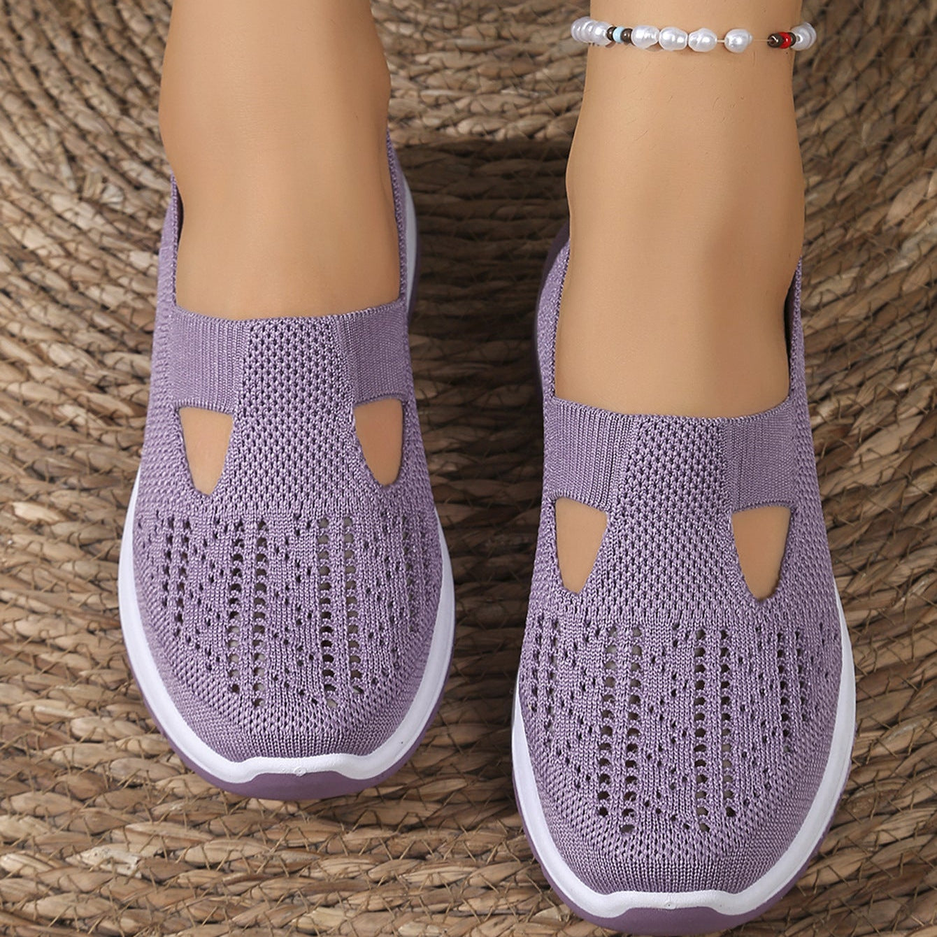 Breathable Knit Slip-On Sneakers Women - Lightweight Mesh Walking Shoes with Cutout Design