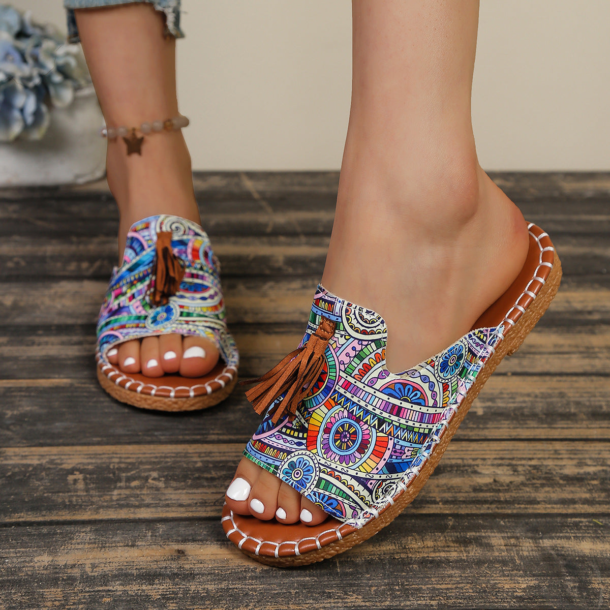 Bohemian Ethnic Tassel Slide Sandals – Colorful Woven Flat Mules with Cork Sole