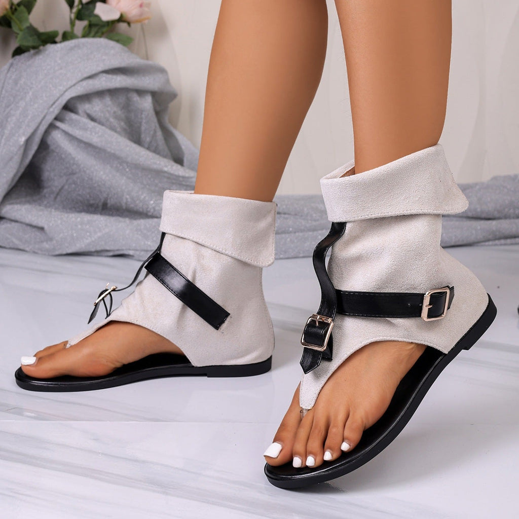 Women's Buckle Cuff Thong Flat Sandals – Casual Suede Ankle Strap Summer Shoes