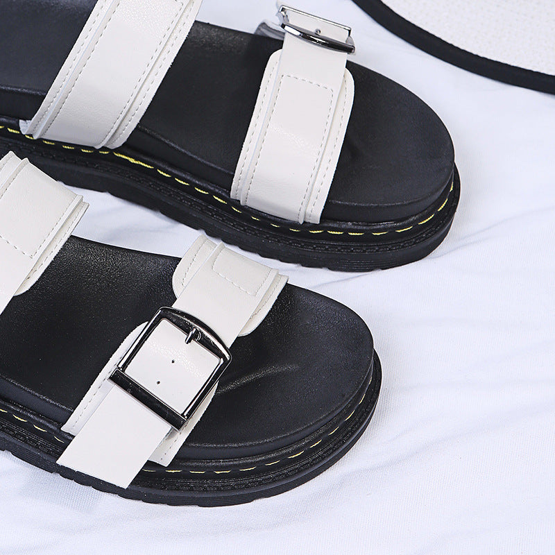 Women's Double Buckle Platform Sandals - Chunky Thick Sole Slide Sandals with Adjustable Straps