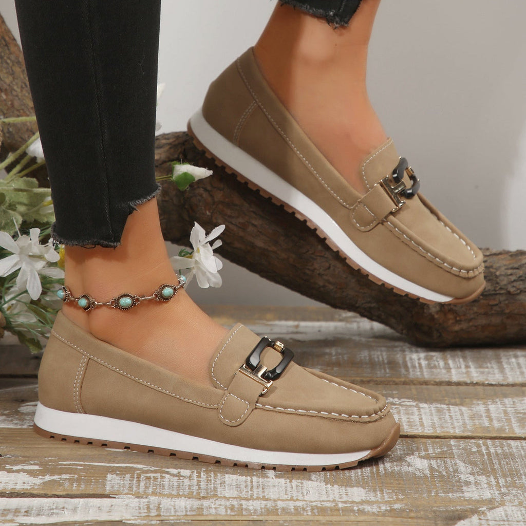 Women's Gold Buckle Suede Loafers – Comfortable Casual Platform Slip-On Shoes