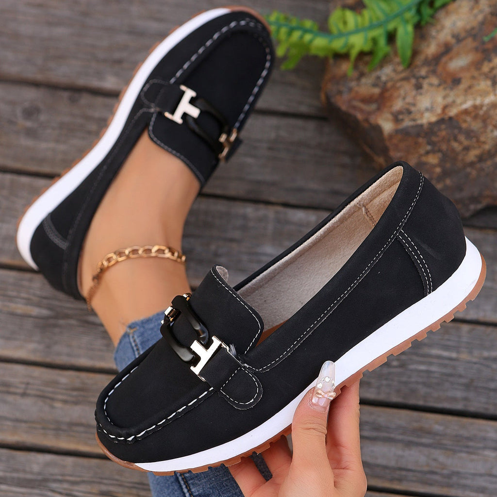 Women's Gold Buckle Suede Loafers – Comfortable Casual Platform Slip-On Shoes