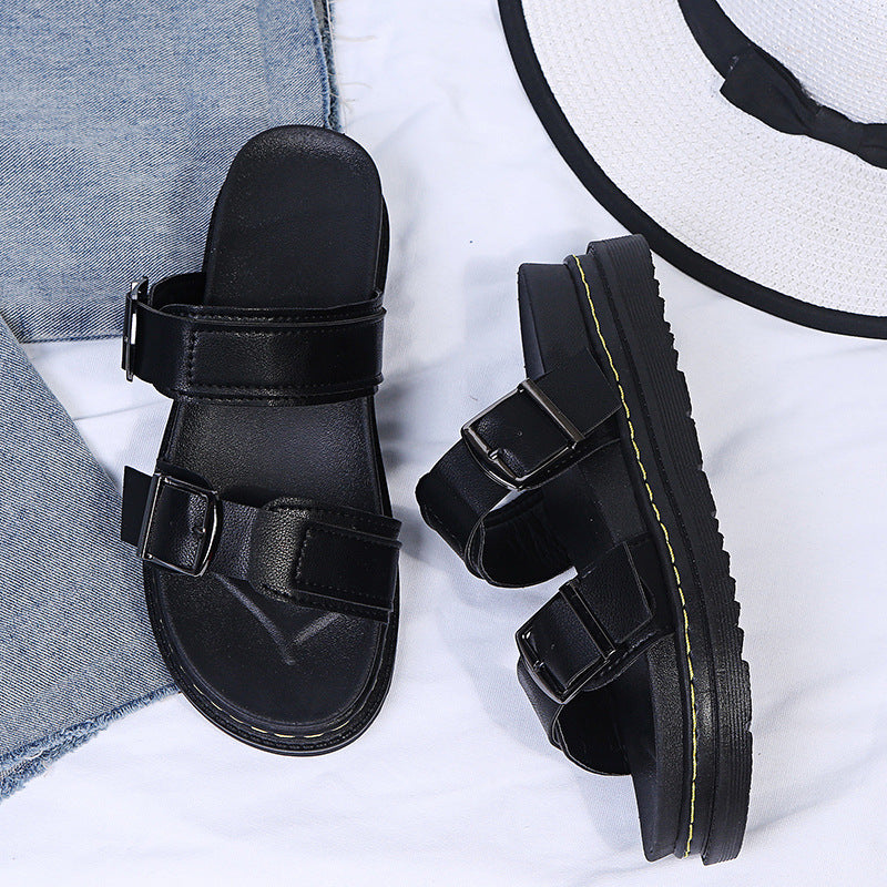 Women's Double Buckle Platform Sandals - Chunky Thick Sole Slide Sandals with Adjustable Straps