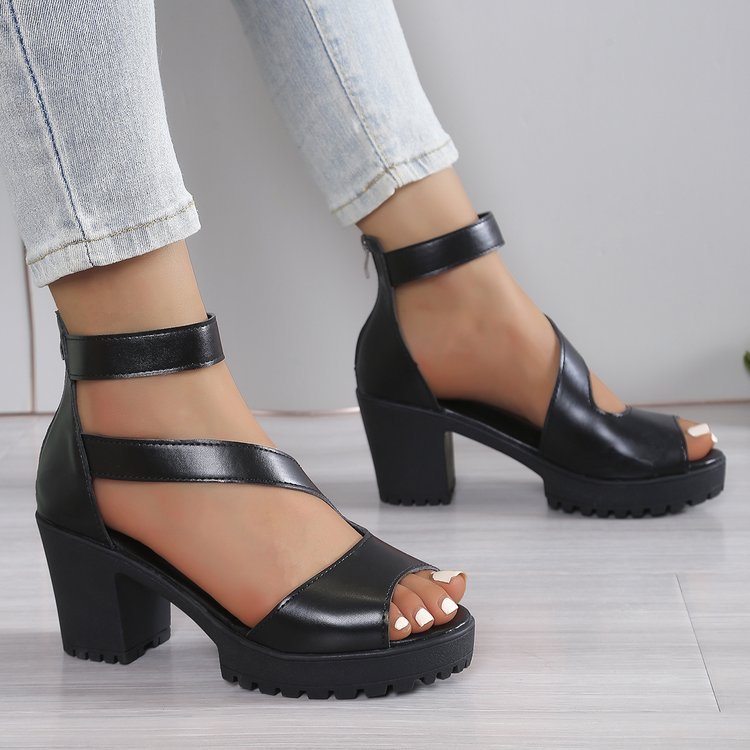 Stylish Black Chunky Platform Heeled Sandals with Ankle Strap - 7.5cm Heel