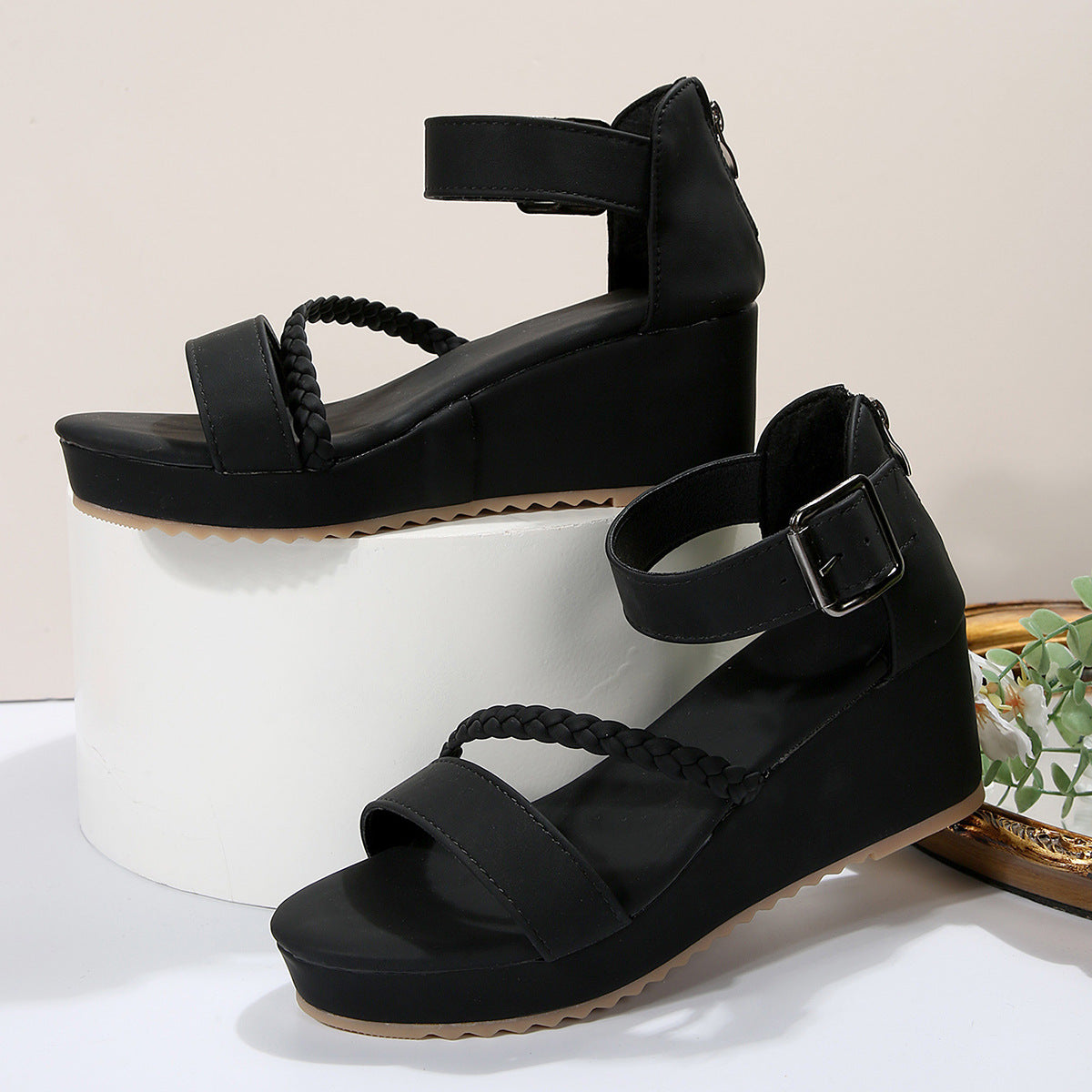 Braided Wedge Platform Sandals - Black & Brown