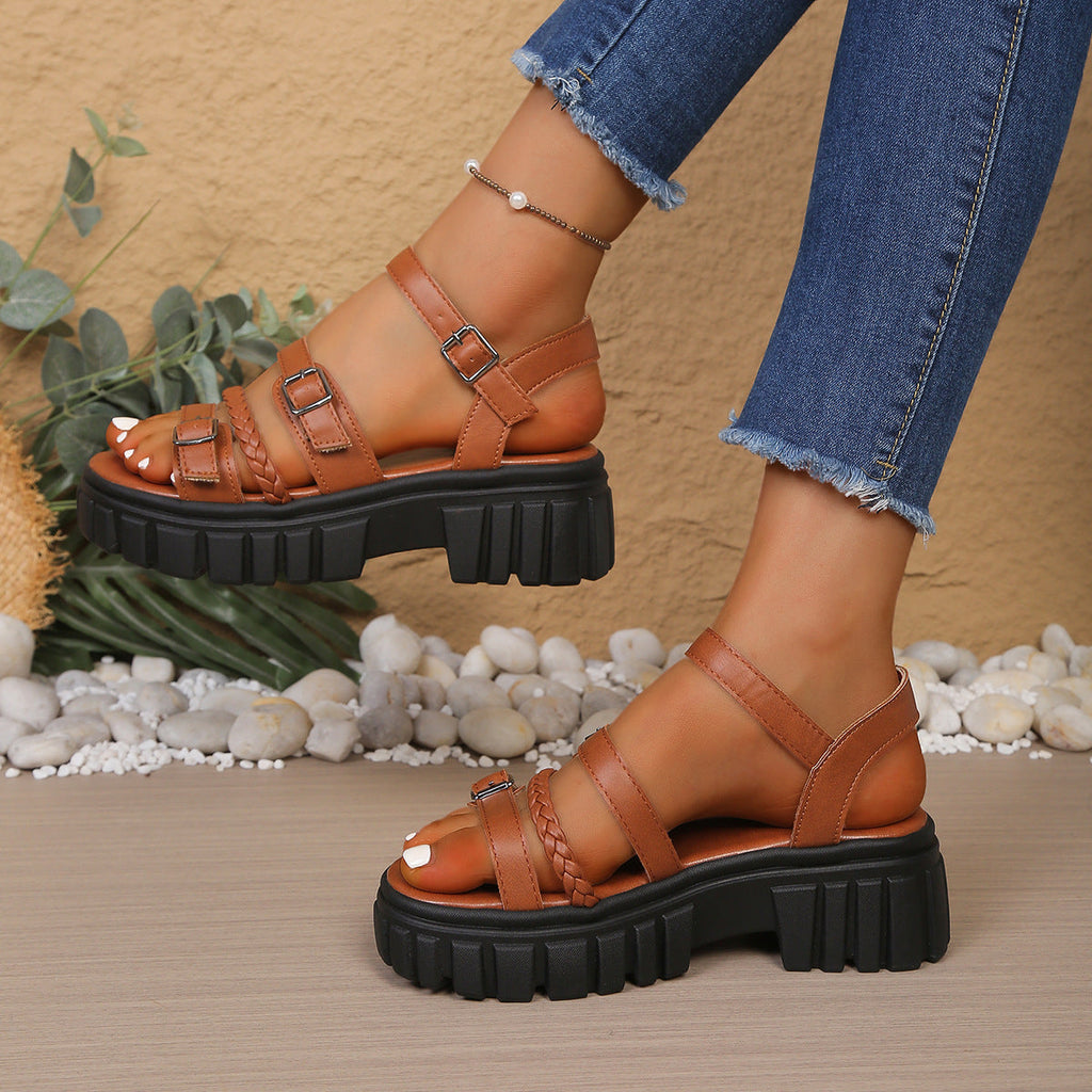 Women's Chunky Platform Strappy Sandals - Buckle Braided Open Toe Summer Shoes