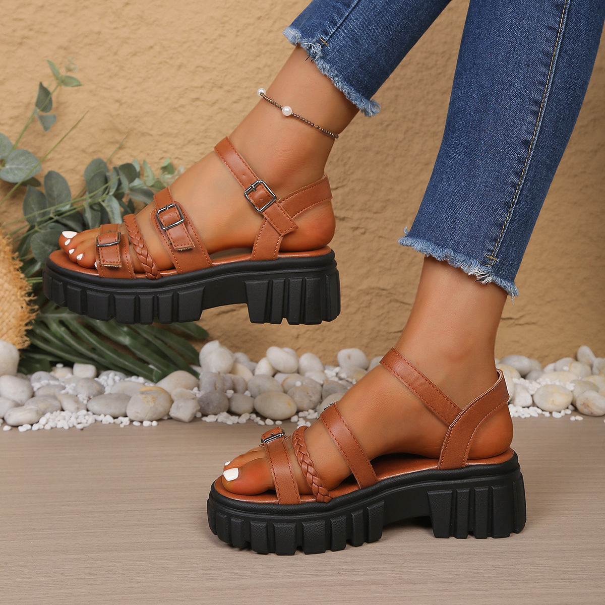 Women's Chunky Platform Strappy Sandals - Buckle Braided Open Toe Summer Shoes
