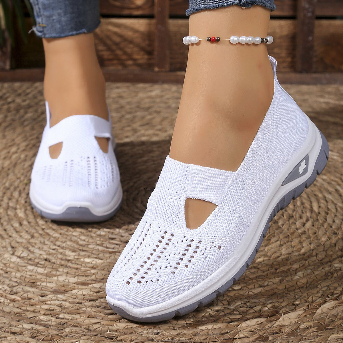 Breathable Knit Slip-On Sneakers Women - Lightweight Mesh Walking Shoes with Cutout Design