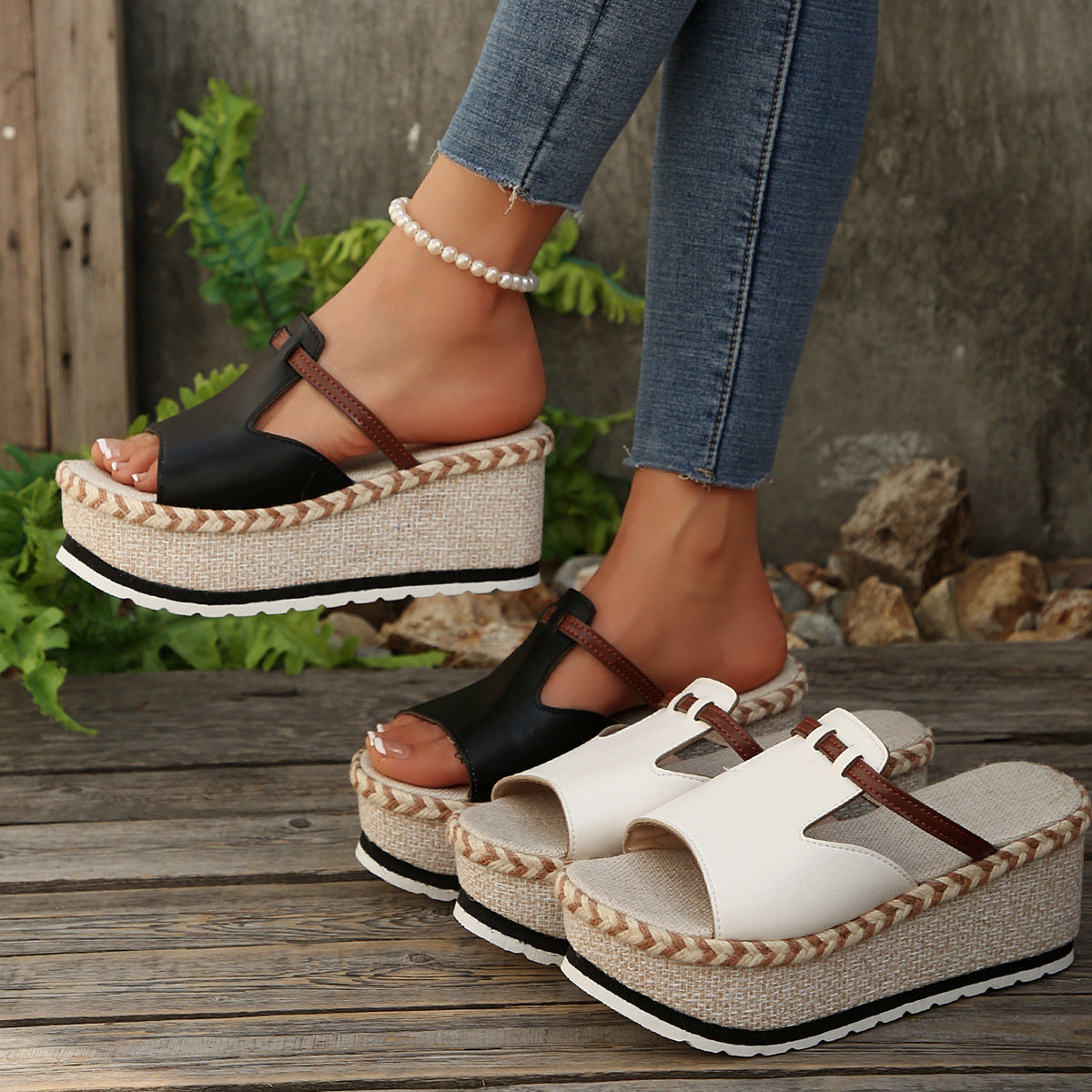 Women's Platform Wedge Espadrille Sandals - 8cm Chunky Peep Toe T-Strap Summer Sandals
