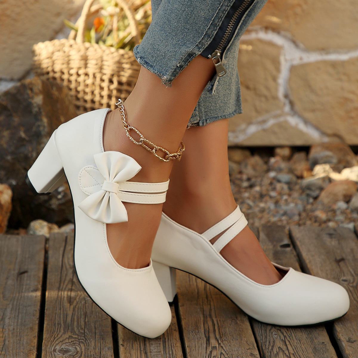 Women's Bowknot Block Heel Mary Jane Shoes – Elegant Ankle Strap Chunky Heels