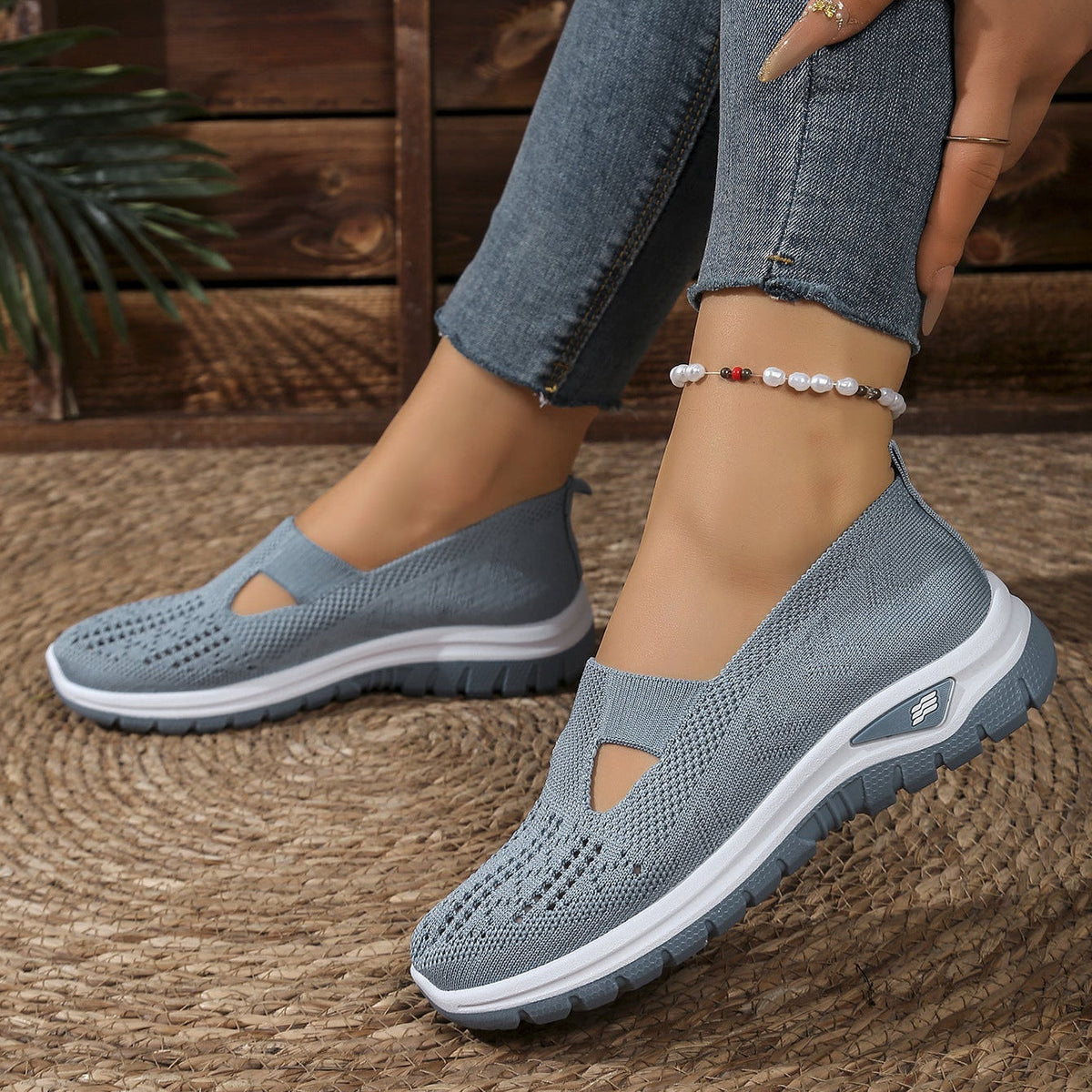 Breathable Knit Slip-On Sneakers Women - Lightweight Mesh Walking Shoes with Cutout Design
