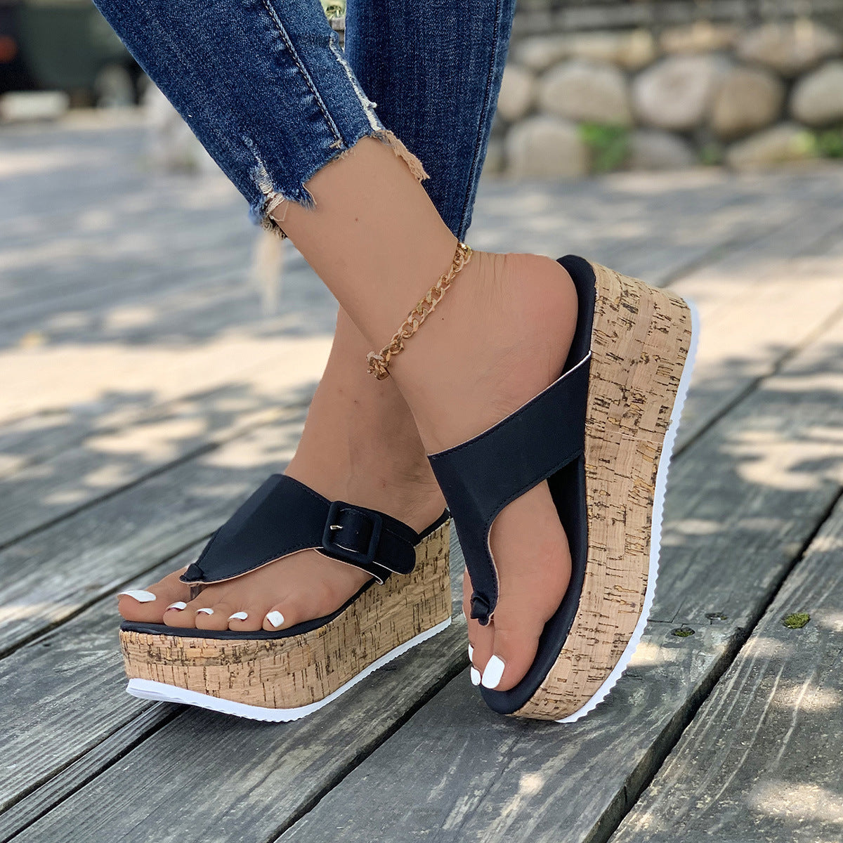 Comfortable Beige Cork Wedge Platform Thong Sandals – Buckle Strap Summer Slides