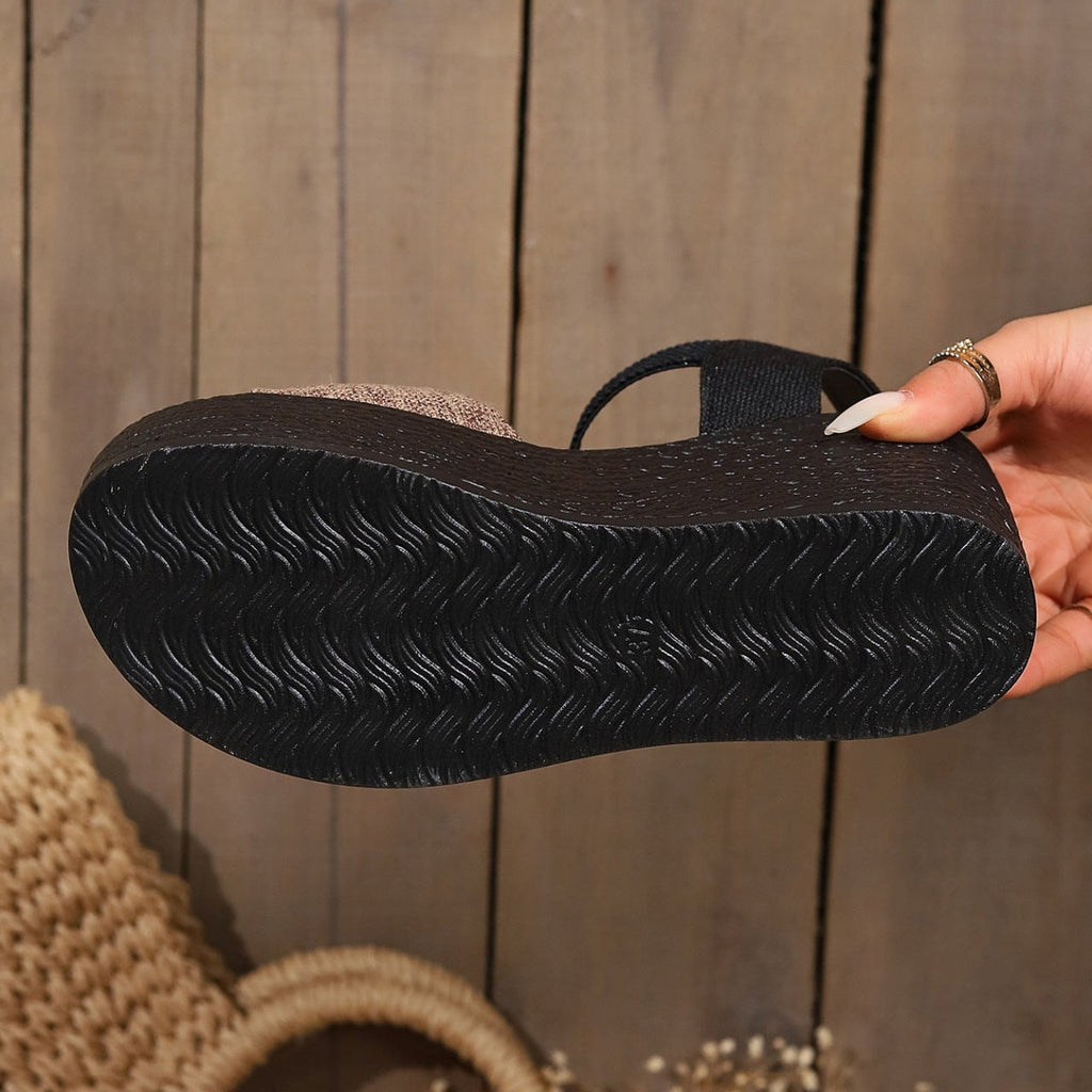 Chic Black Platform Wedge Sandals with Linen Straps - 9cm Wedge Heel