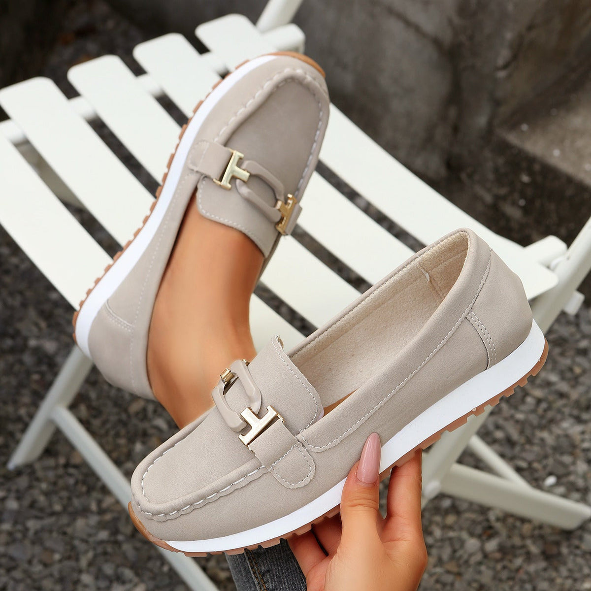 Women's Gold Buckle Suede Loafers – Comfortable Casual Platform Slip-On Shoes