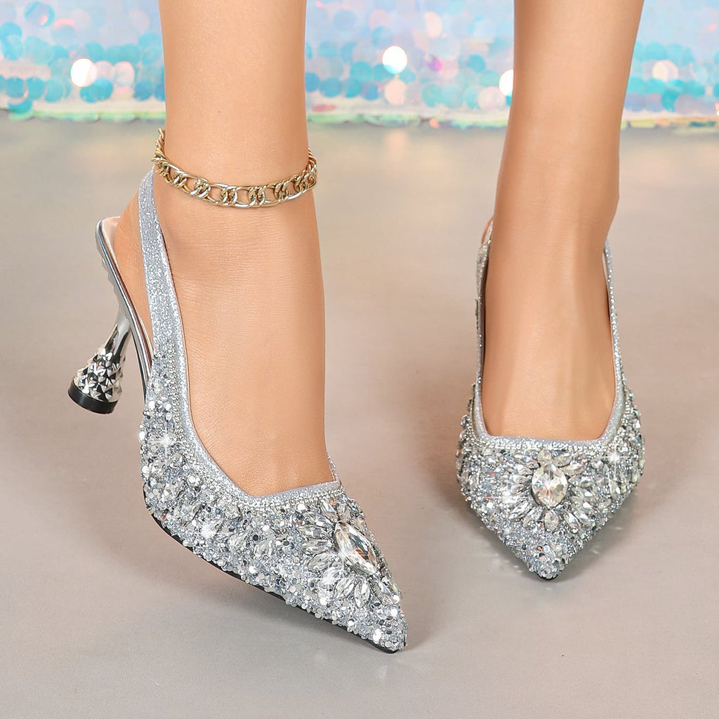Women's Sparkling Rhinestone Slingback Kitten Heel Pumps - 8.3cm Pointed Toe Crystal Embellished Party Shoes