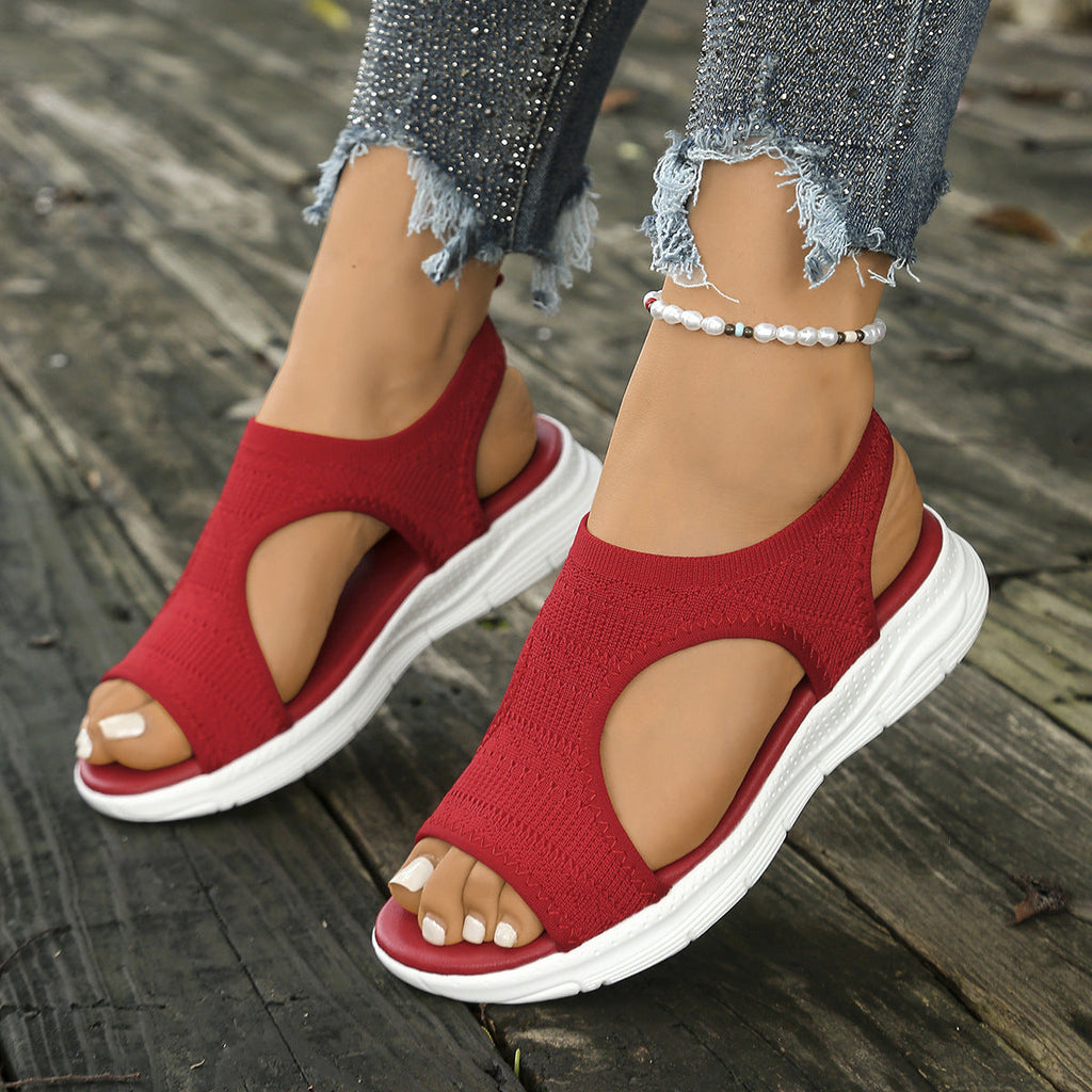 Women's Breathable Knit Platform Sandals 4.5cm Heel - Peep Toe Gold Buckle Summer Shoes