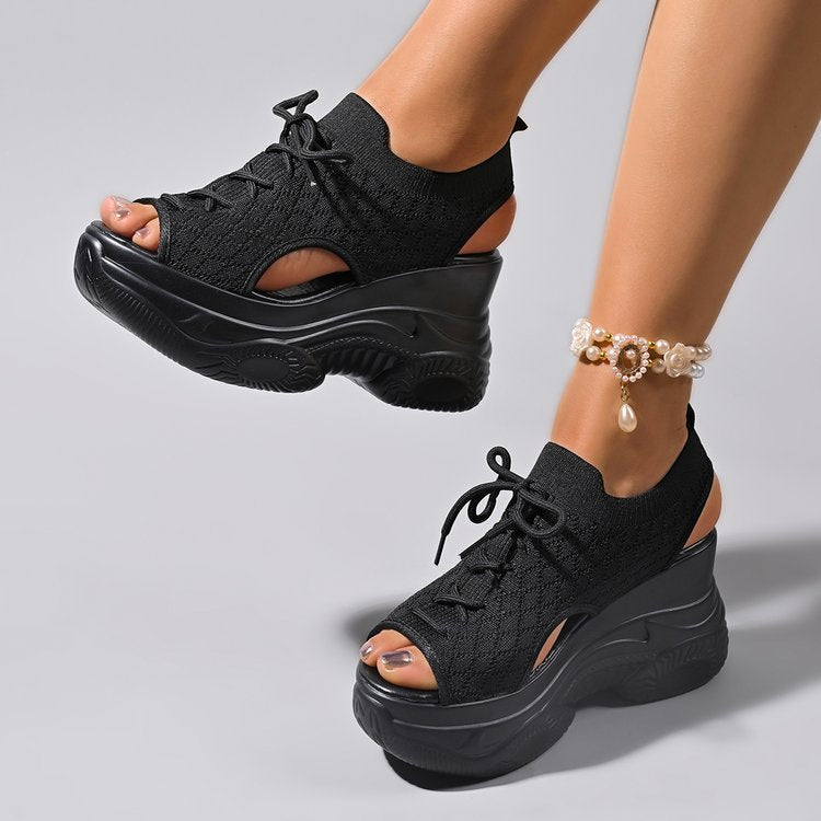 Women's Knit Platform Wedge Sandals - 9.5cm Chunky Peep Toe Lace-Up Sporty Sandals