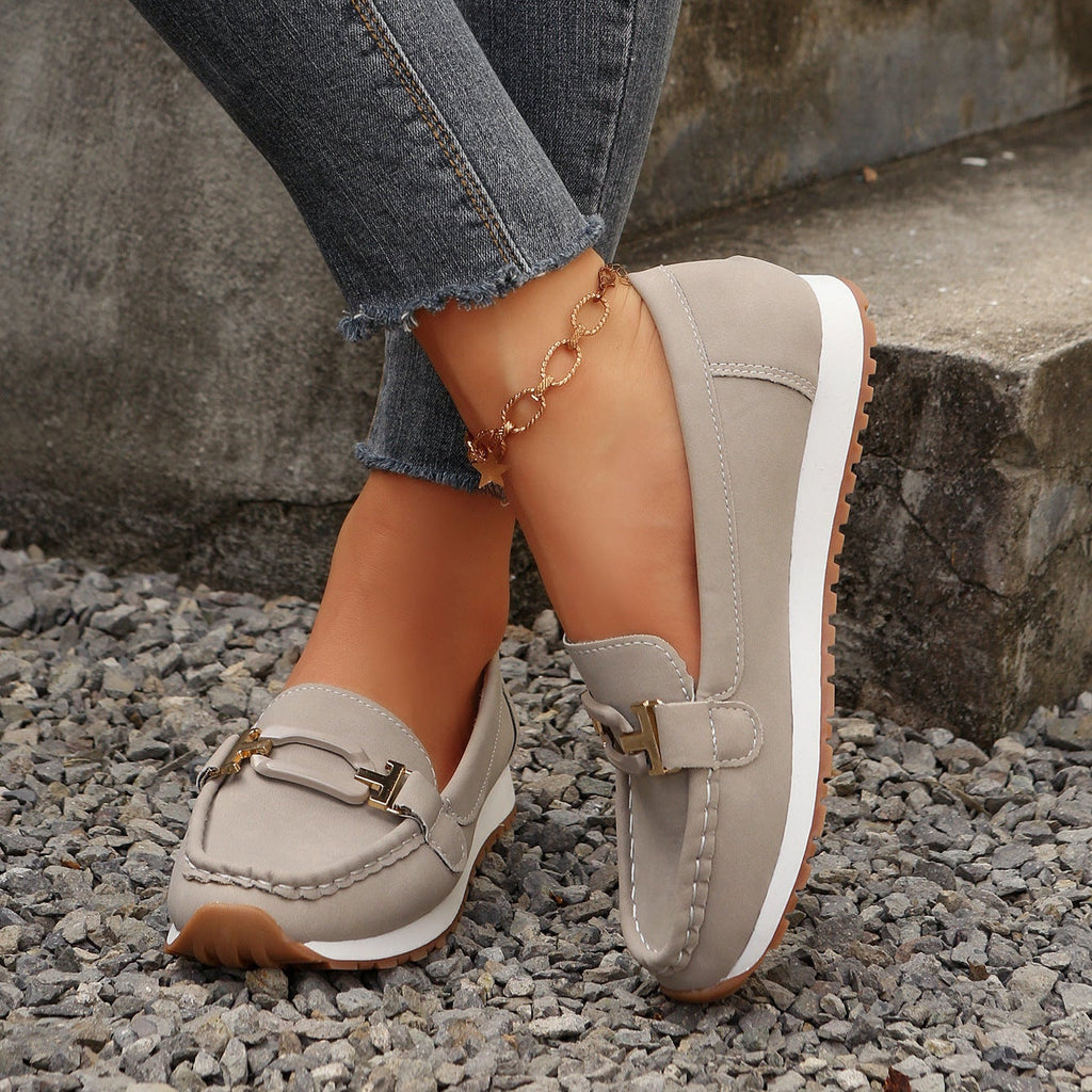 Women's Gold Buckle Suede Loafers – Comfortable Casual Platform Slip-On Shoes