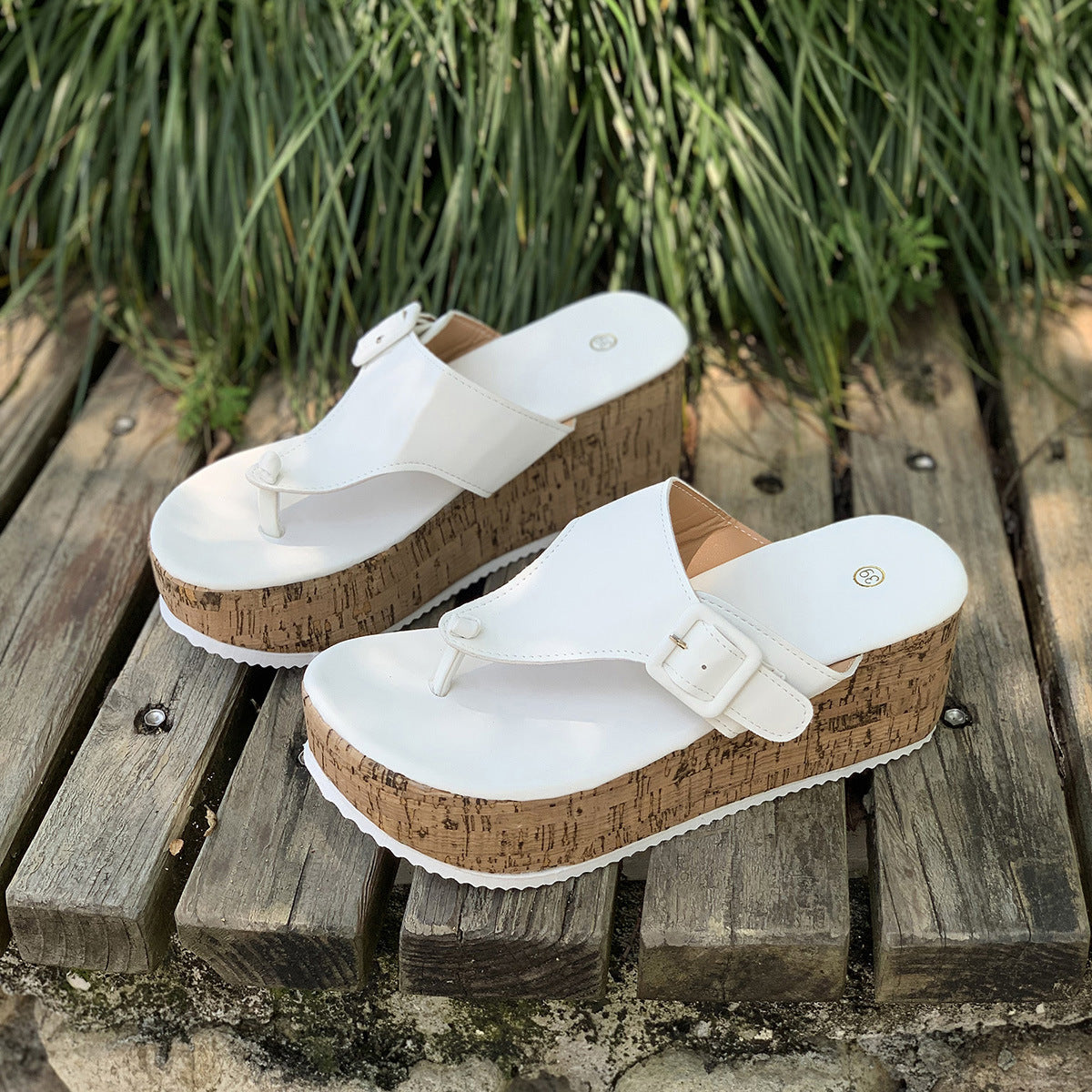 Comfortable Beige Cork Wedge Platform Thong Sandals – Buckle Strap Summer Slides