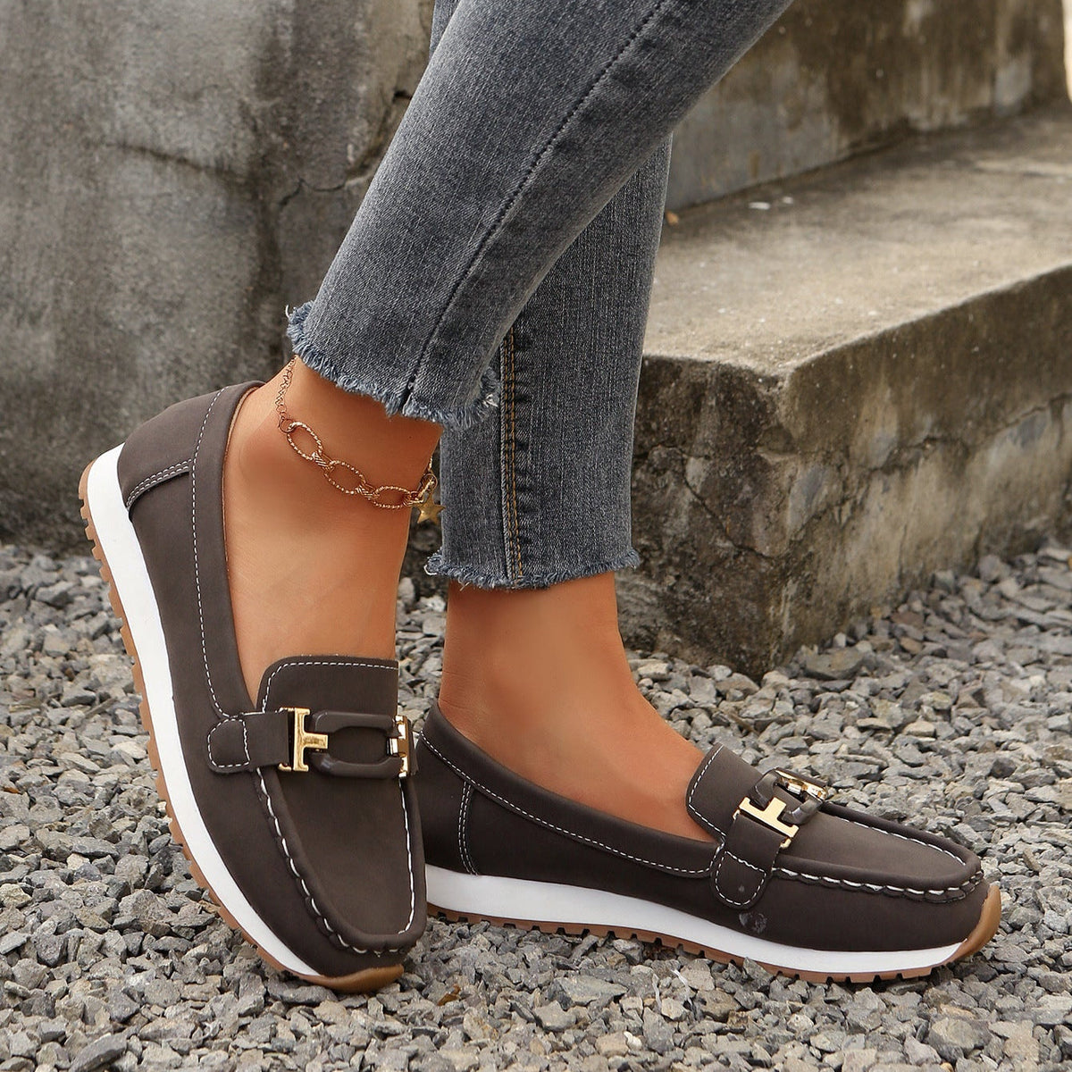 Women's Gold Buckle Suede Loafers – Comfortable Casual Platform Slip-On Shoes