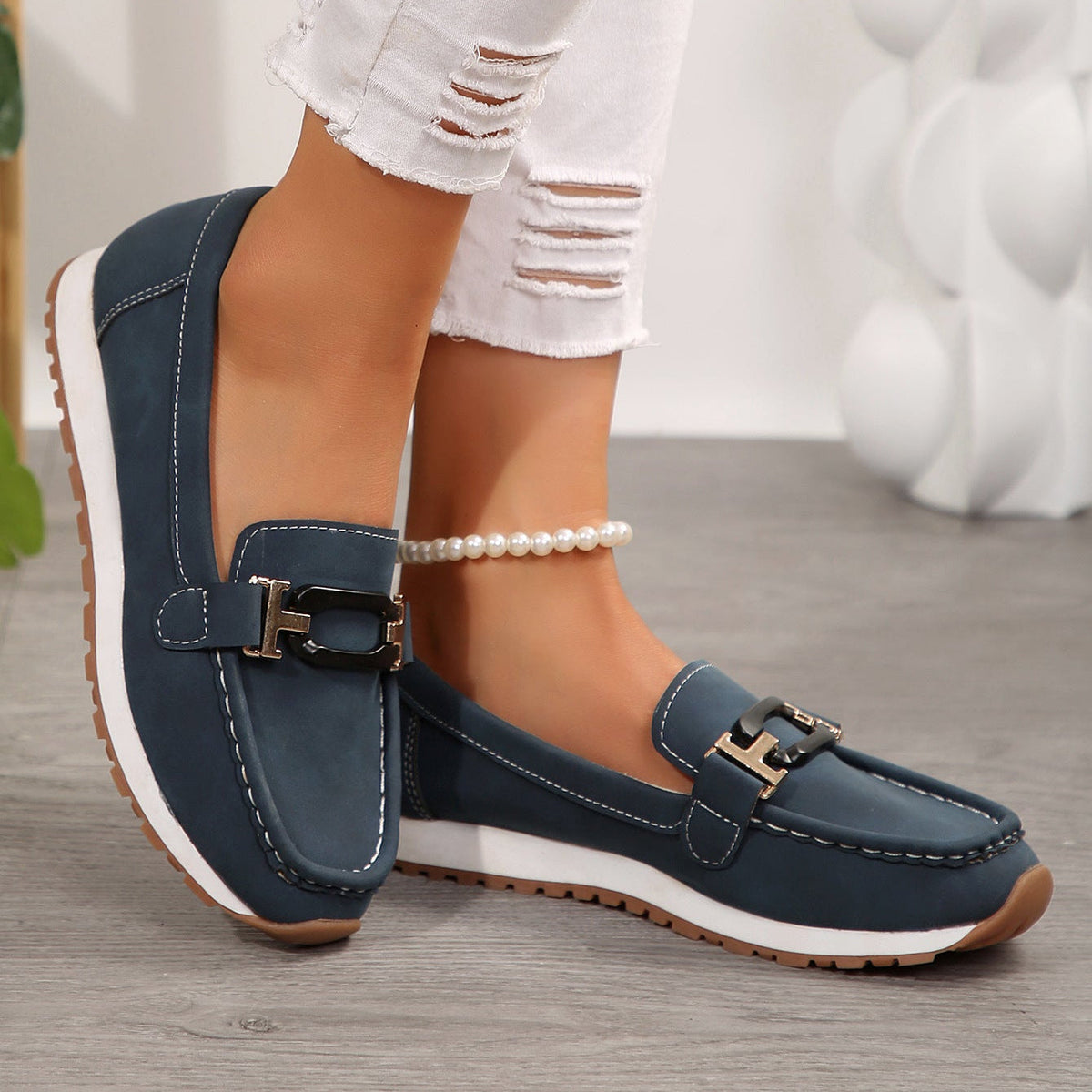 Women's Gold Buckle Suede Loafers – Comfortable Casual Platform Slip-On Shoes