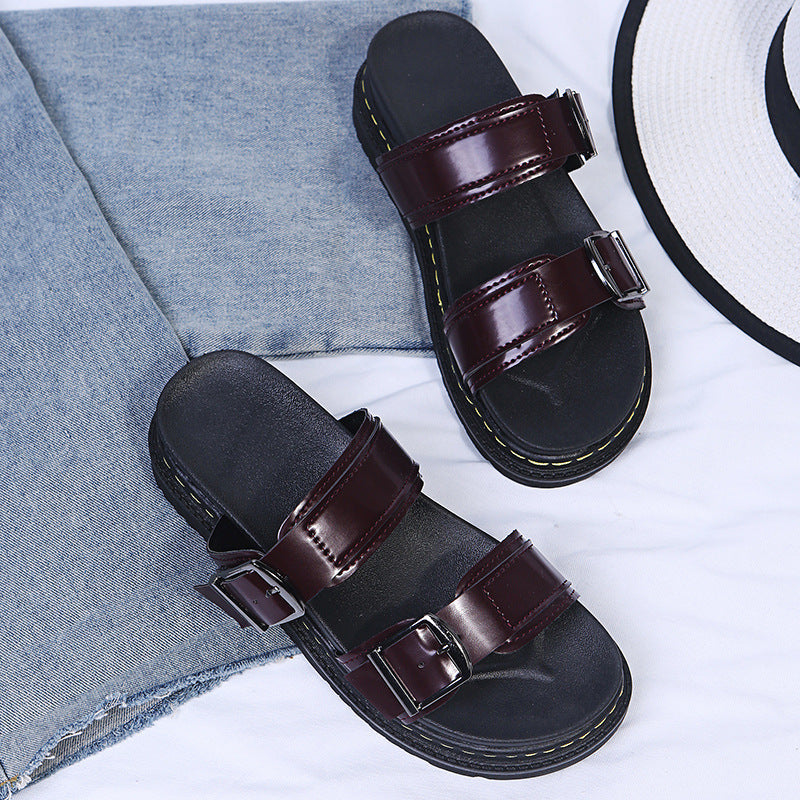 Women's Double Buckle Platform Sandals - Chunky Thick Sole Slide Sandals with Adjustable Straps
