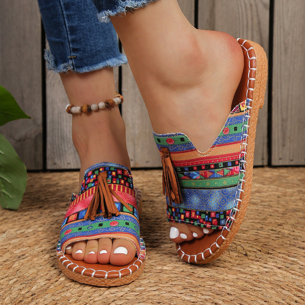 Bohemian Ethnic Tassel Slide Sandals – Colorful Woven Flat Mules with Cork Sole
