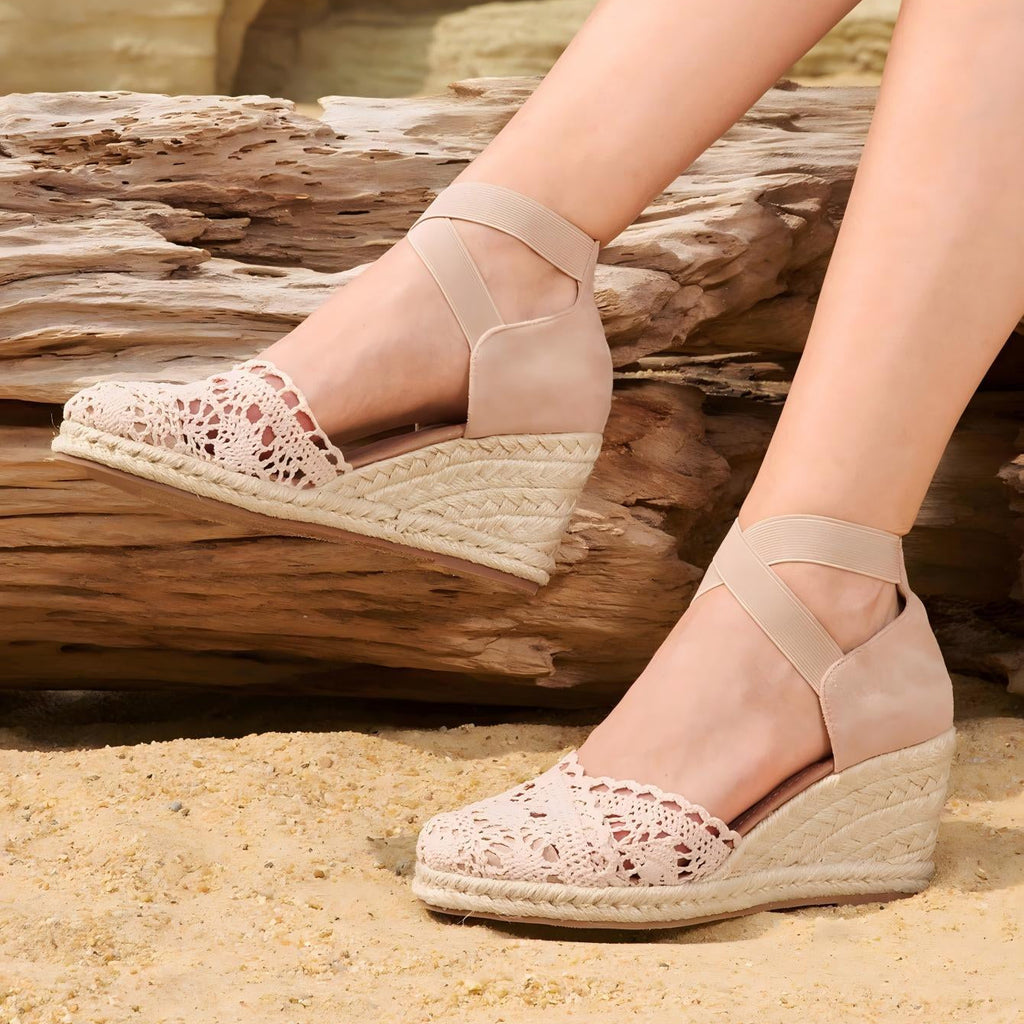 Elegant Beige Crochet Wedge Espadrille Sandals – Ankle Strap Platform Heels