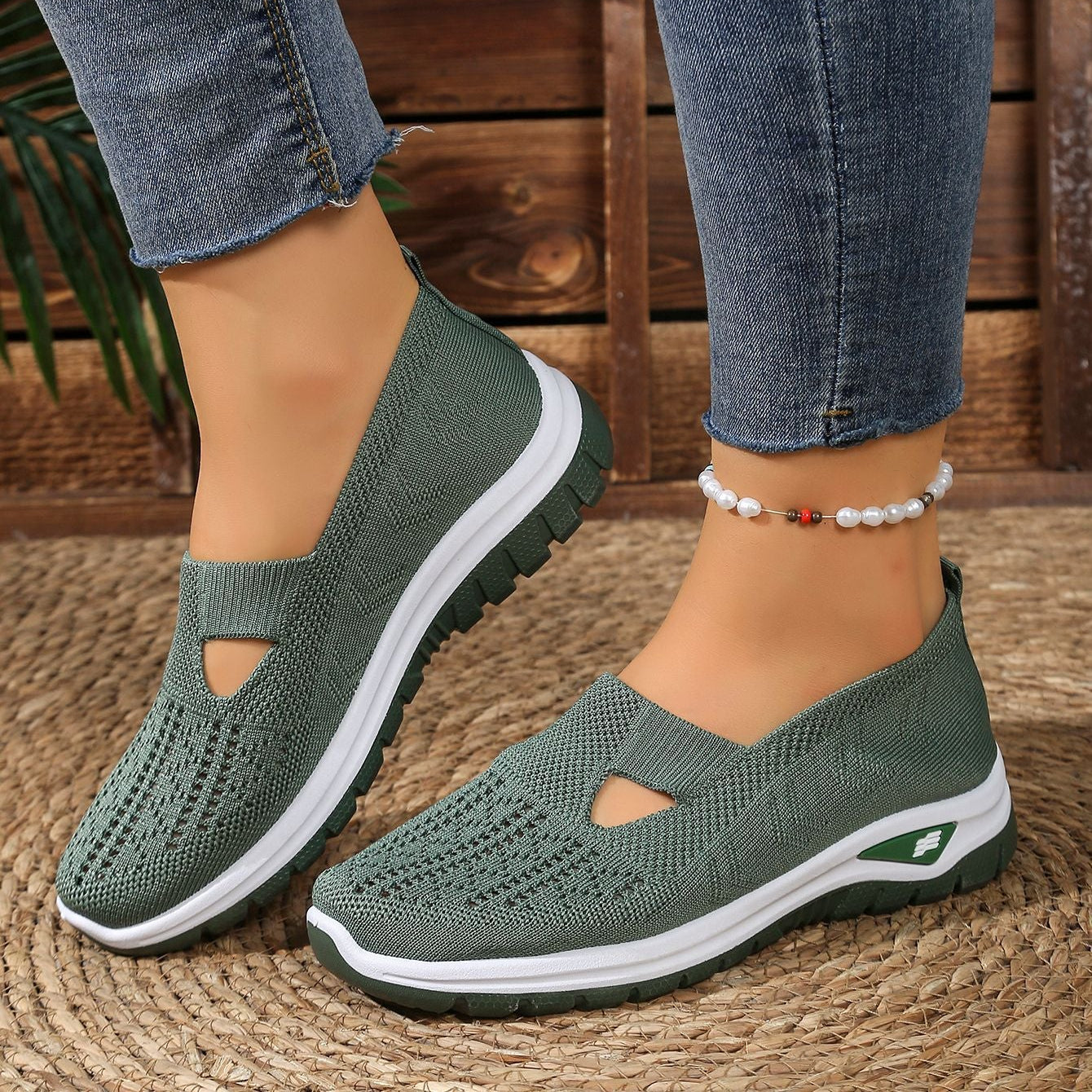 Breathable Knit Slip-On Sneakers Women - Lightweight Mesh Walking Shoes with Cutout Design