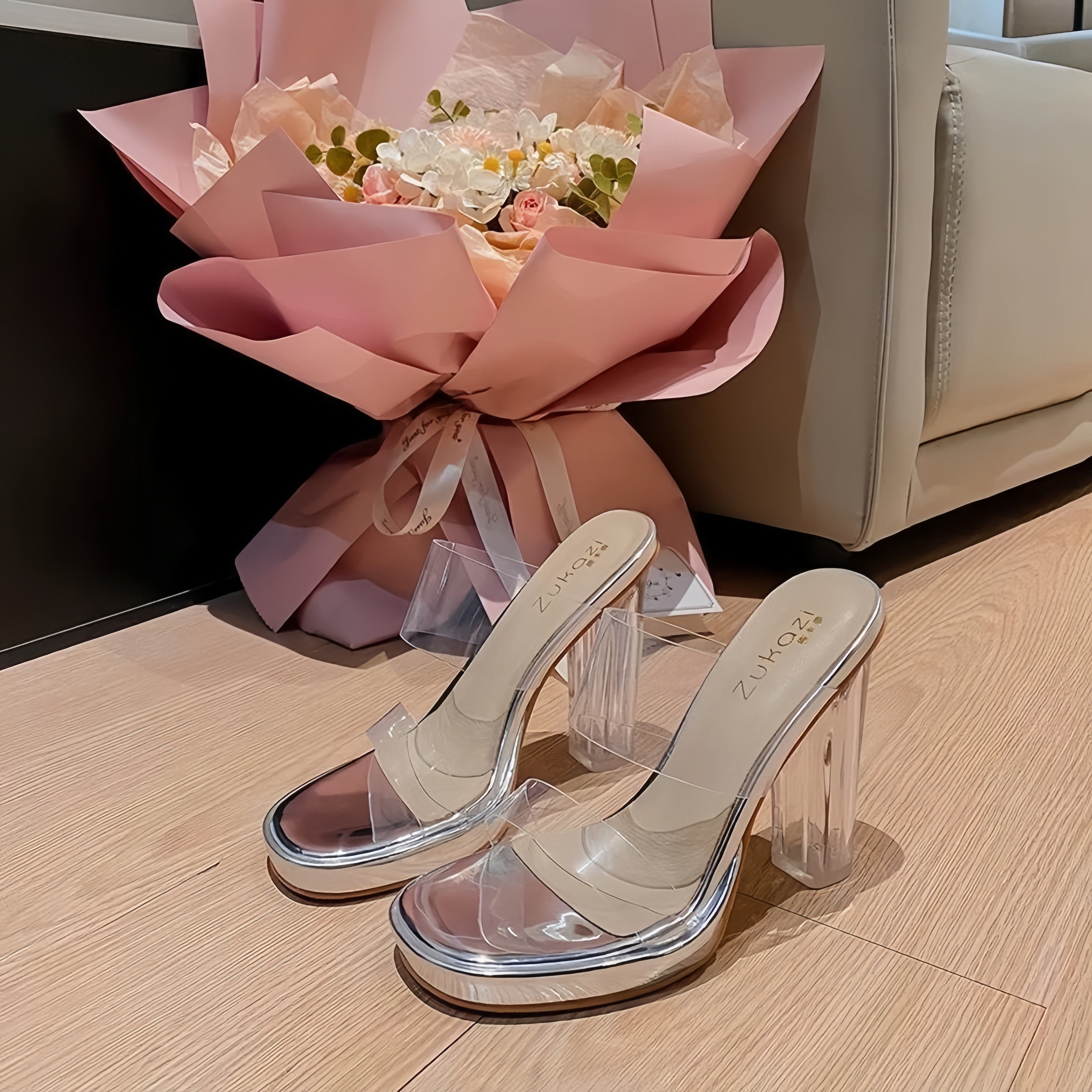 Glam Clear Platform Chunky Heel Mules – Transparent Strap Square Toe High Heels