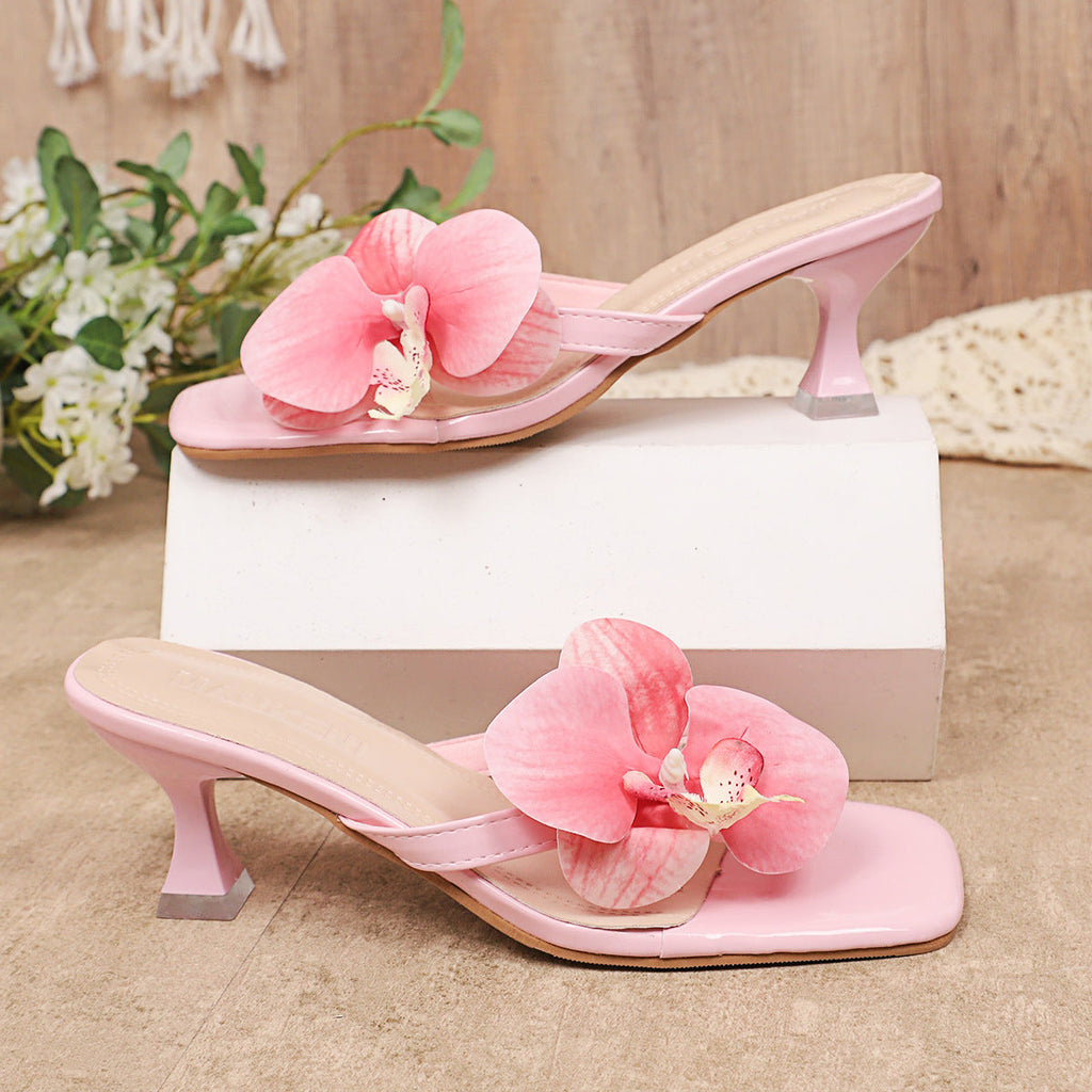 Stylish Kitten Heel Thong Sandals with Orchid Flower – 5.5cm Low Heel Summer Shoes