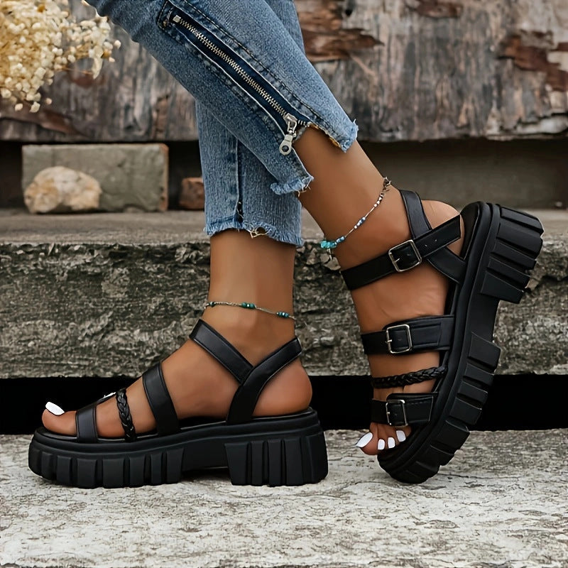 Women's Chunky Platform Strappy Sandals - Buckle Braided Open Toe Summer Shoes