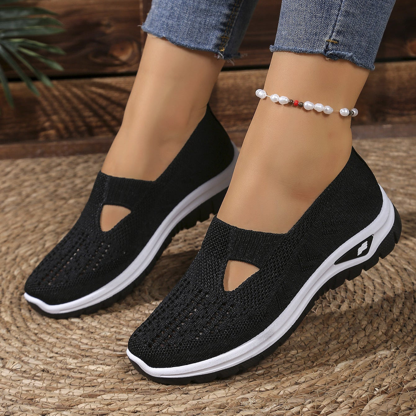 Breathable Knit Slip-On Sneakers Women - Lightweight Mesh Walking Shoes with Cutout Design