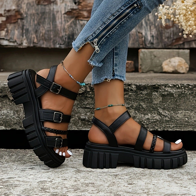 Women's Chunky Platform Strappy Sandals - Buckle Braided Open Toe Summer Shoes